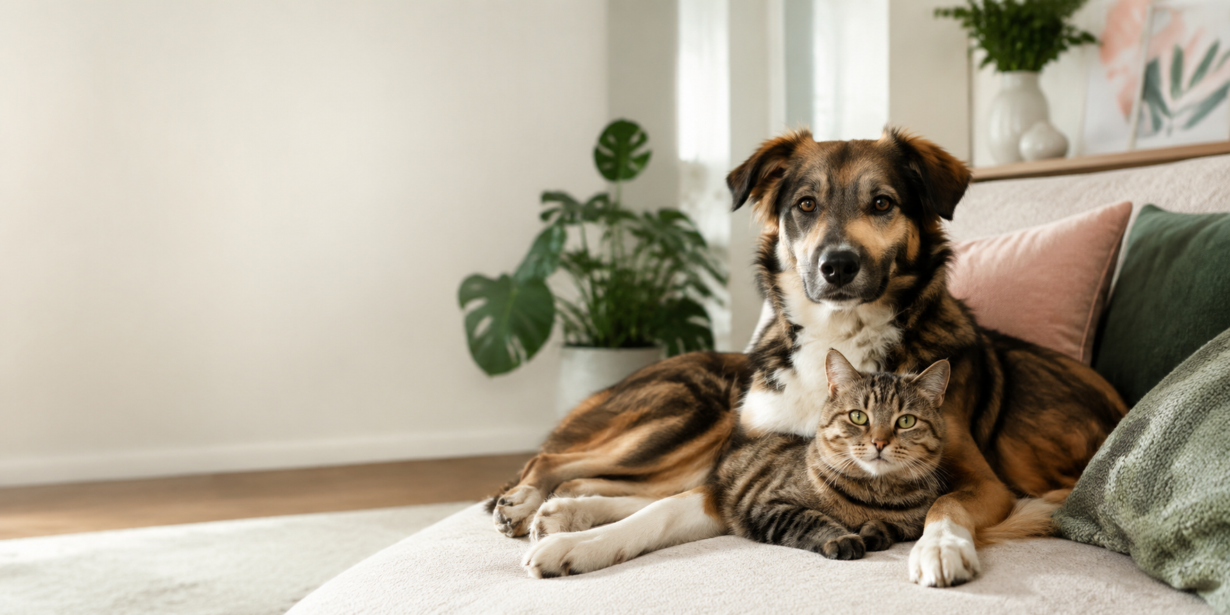 Cão e gato tranquilos em casa